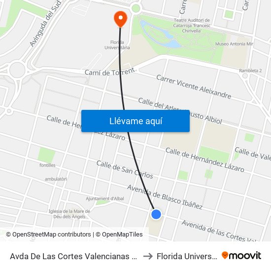 Avda De Las Cortes Valencianas 32 [Albal] to Florida Universitària map