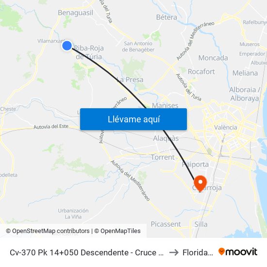 Cv-370 Pk 14+050 Descendente - Cruce Con Urb. Mas Del Moro - Fábrica De Pieles [Vilamarxant] to Florida Universitària map