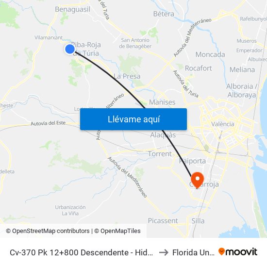 Cv-370 Pk 12+800 Descendente - Hidroeléctrica [Riba-Roja De Túria] to Florida Universitària map