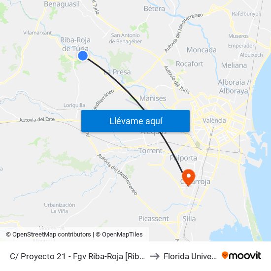 C/ Proyecto 21 - Fgv Riba-Roja [Riba-Roja De Túria] to Florida Universitària map