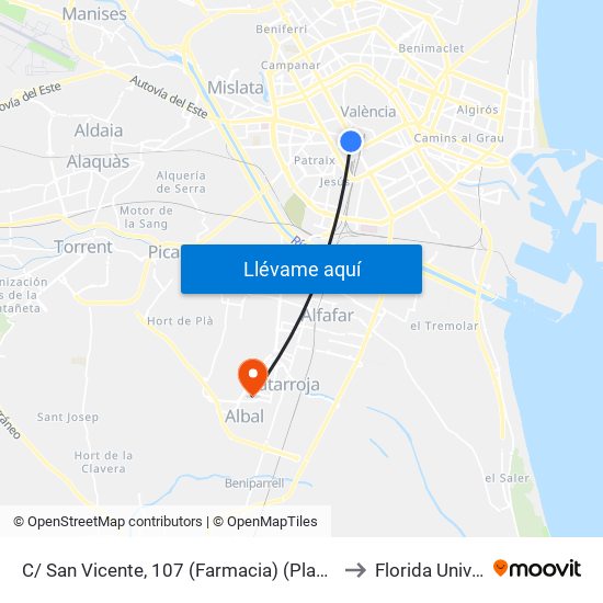 C/ San Vicente, 107 (Farmacia) (Plaza España) [València] to Florida Universitària map