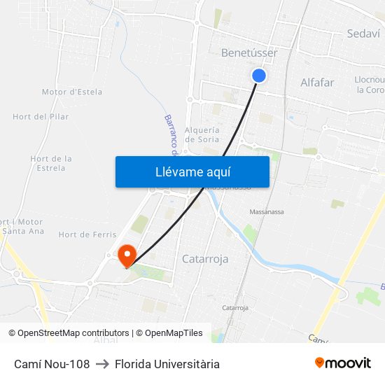 Camí Nou-108 to Florida Universitària map