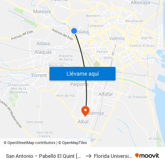 San Antonio – Pabelló El Quint [Mislata] to Florida Universitària map