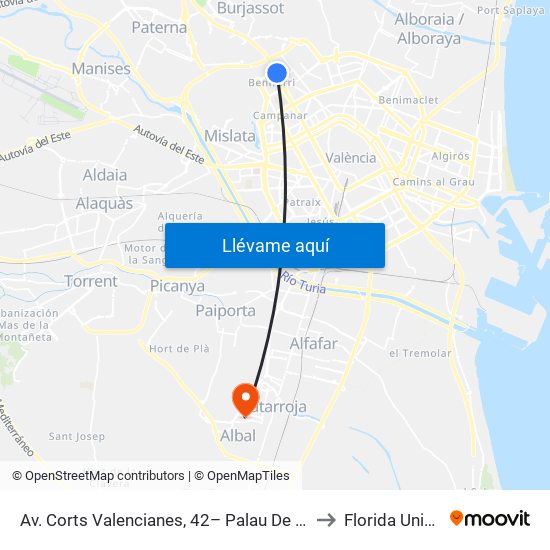 Av. Corts Valencianes, 42– Palau De Congressos [València] to Florida Universitària map