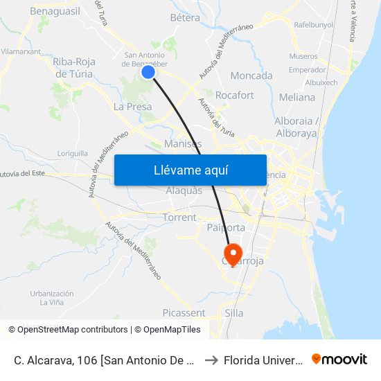 C. Alcarava, 106 [San Antonio De Benagéber] to Florida Universitària map