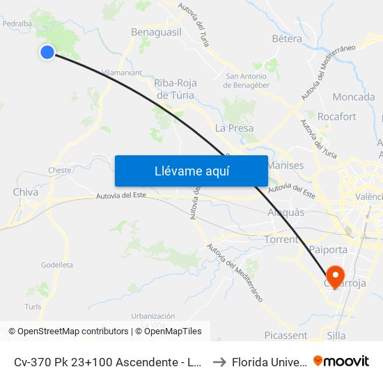 Cv-370 Pk 23+100 Ascendente - La Pea [Pedralba] to Florida Universitària map