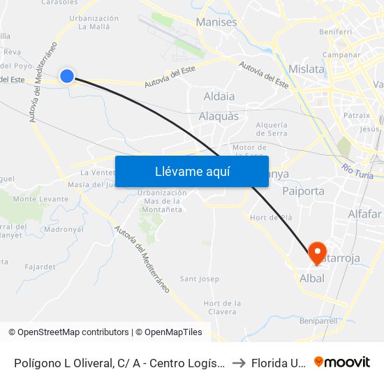Polígono L Oliveral, C/ A - Centro Logístico Mercadona [Riba-Roja De Túria] to Florida Universitària map