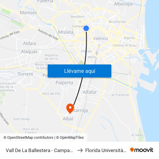 Vall De La Ballestera - Campanar to Florida Universitària map