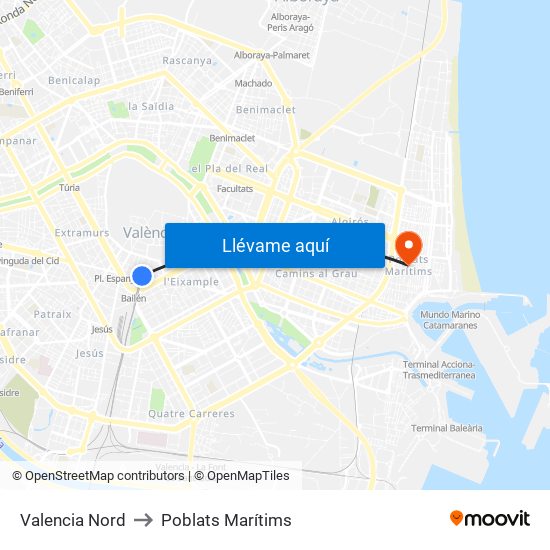 Valencia Nord to Poblats Marítims map