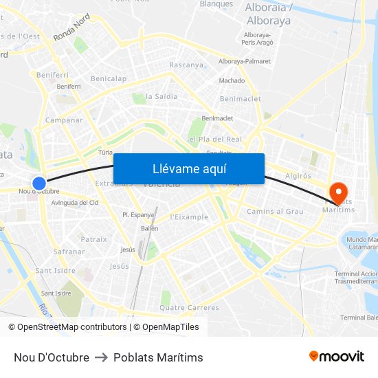 Nou D'Octubre to Poblats Marítims map