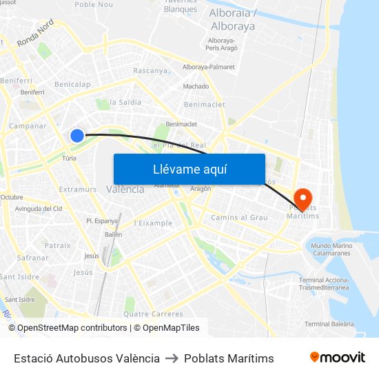 Estació Autobusos València to Poblats Marítims map