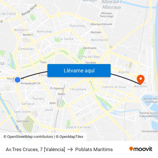 Av.Tres Cruces, 7 [València] to Poblats Marítims map