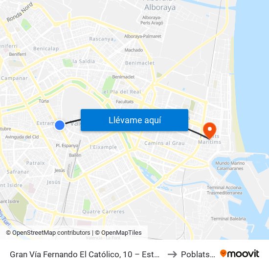 Gran Vía Fernando El Católico, 10 – Estació Metro Ángel Guimerá [València] to Poblats Marítims map