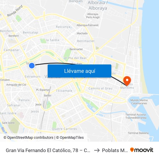 Gran Vía Fernando El Católico, 78 – C/ De Quart [València] to Poblats Marítims map