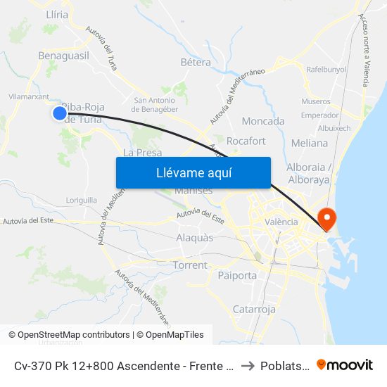 Cv-370 Pk 12+800 Ascendente - Frente A Hidroeléctrica [Riba-Roja De Túria] to Poblats Marítims map