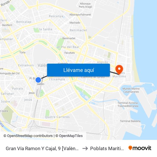 Gran Vía Ramon Y Cajal, 9 [València] to Poblats Marítims map