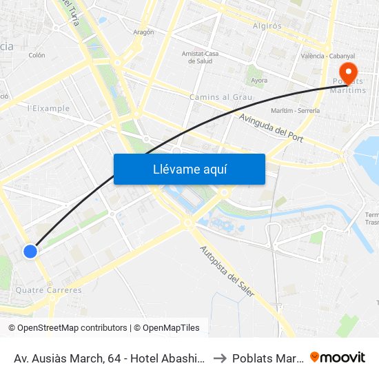 Av. Ausiàs March, 64 - Hotel Abashiri [València] to Poblats Marítims map