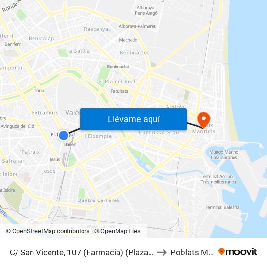 C/ San Vicente, 107 (Farmacia) (Plaza España) [València] to Poblats Marítims map