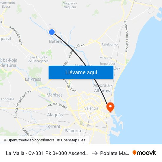La Mallà - Cv-331 Pk 0+000 Ascendente [Bétera] to Poblats Marítims map