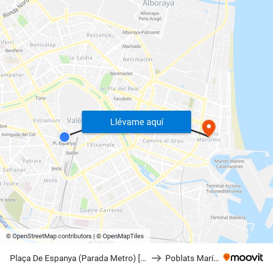 Plaça De Espanya (Parada Metro) [València] to Poblats Marítims map