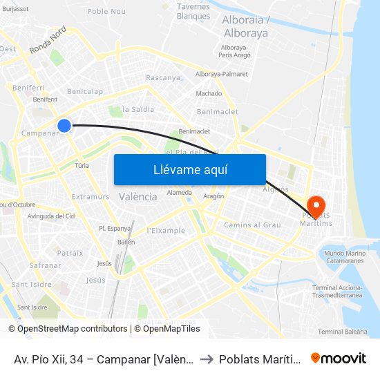 Av. Pío Xii, 34 – Campanar [València] to Poblats Marítims map