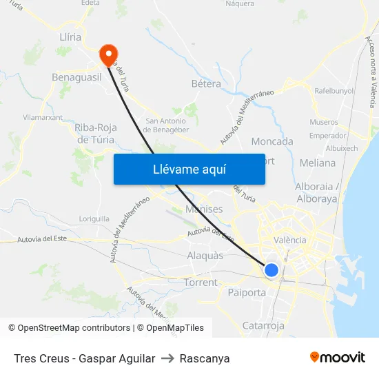 Tres Creus - Gaspar Aguilar to Rascanya map