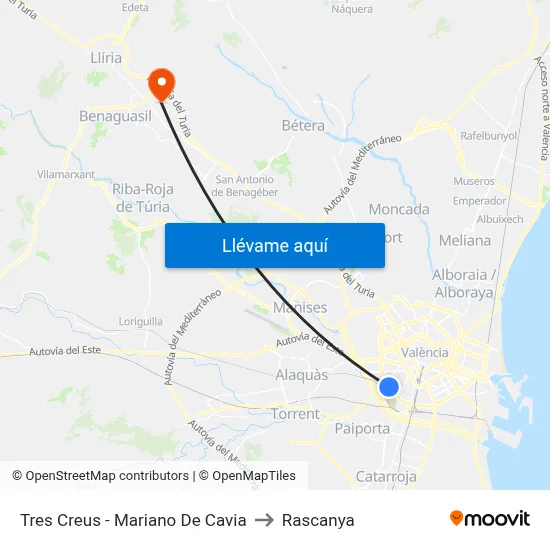Tres Creus - Mariano De Cavia to Rascanya map