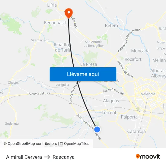Almirall Cervera to Rascanya map