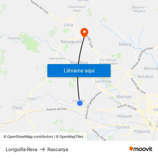 Loriguilla-Reva to Rascanya map