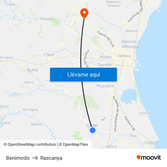 Benimodo to Rascanya map