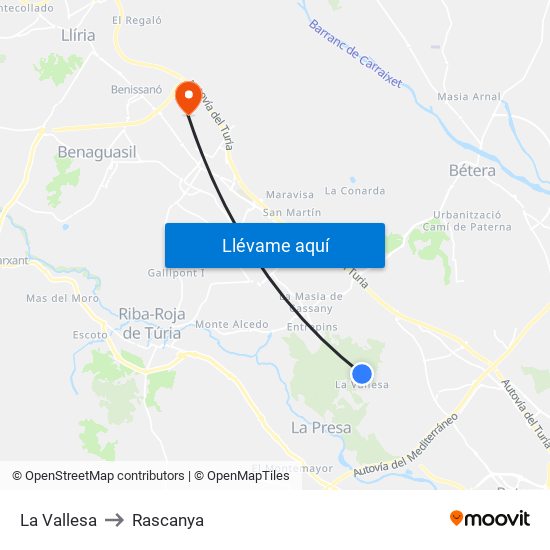 La Vallesa to Rascanya map