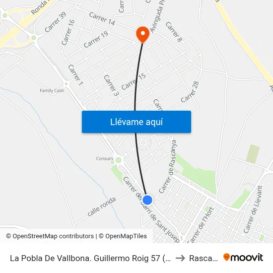 La Pobla De Vallbona. Guillermo Roig 57 (Cruz Roja) to Rascanya map