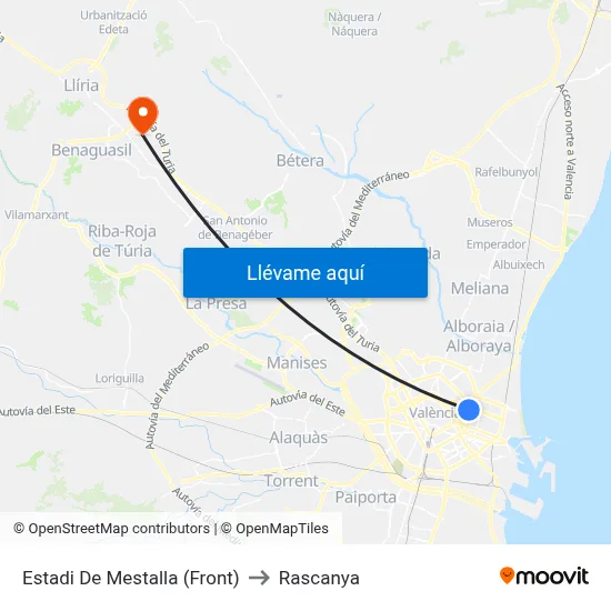 Estadi De Mestalla (Front) to Rascanya map