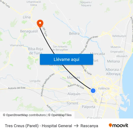 Tres Creus (Parell) - Hospital General to Rascanya map