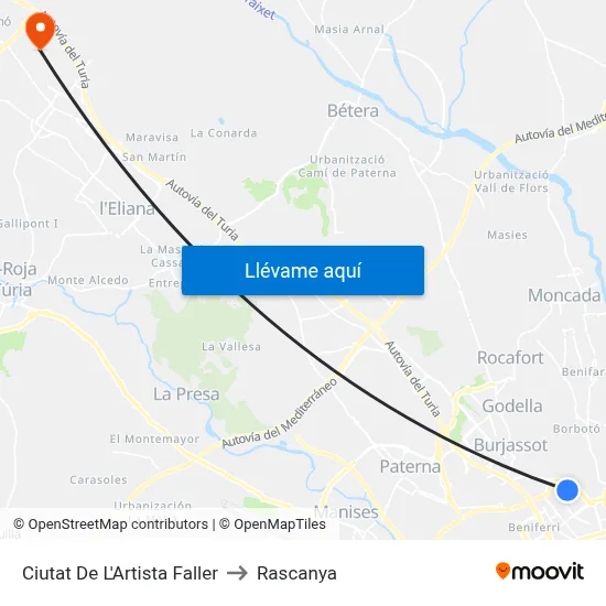 Ciutat De L'Artista Faller to Rascanya map
