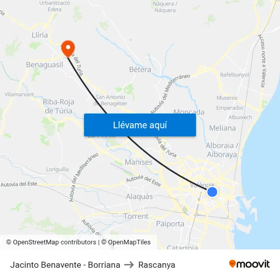 Jacinto Benavente - Borriana to Rascanya map