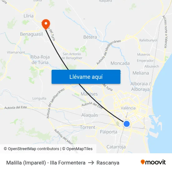 Malilla (Imparell) - Illa Formentera to Rascanya map