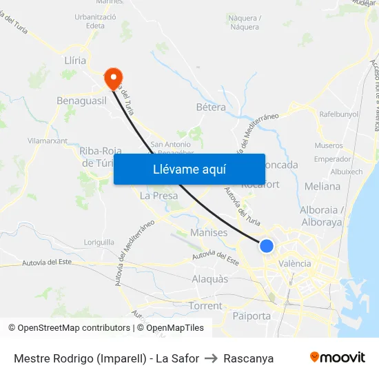 Mestre Rodrigo (Imparell) - La Safor to Rascanya map