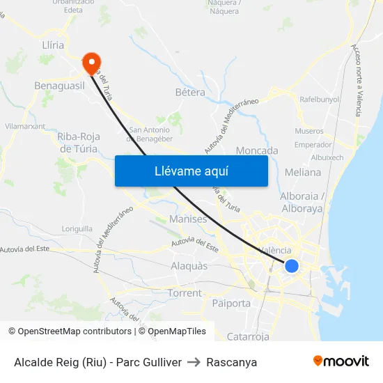 Alcalde Reig (Riu) - Parc Gulliver to Rascanya map