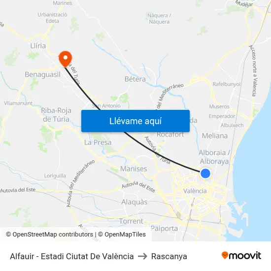 Alfauir - Estadi Ciutat De València to Rascanya map