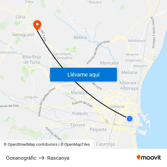 Oceanogràfic to Rascanya map