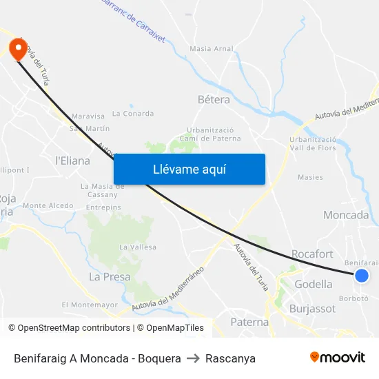 Benifaraig A Moncada - Boquera to Rascanya map