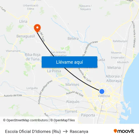 Escola Oficial D'Idiomes (Riu) to Rascanya map