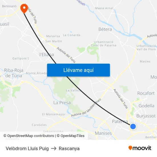 Velòdrom Lluís Puig to Rascanya map