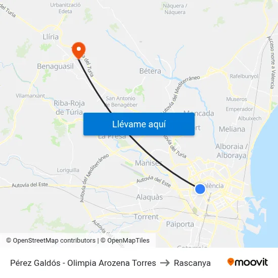 Pérez Galdós - Olimpia Arozena Torres to Rascanya map