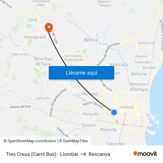 Tres Creus (Carril Bus) - Llombai to Rascanya map
