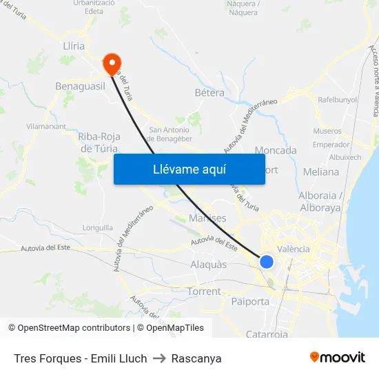Tres Forques - Emili Lluch to Rascanya map