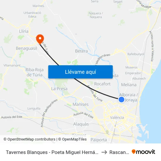 Tavernes Blanques - Poeta Miguel Hernández to Rascanya map