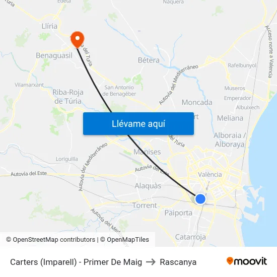 Carters (Imparell) - Primer De Maig to Rascanya map