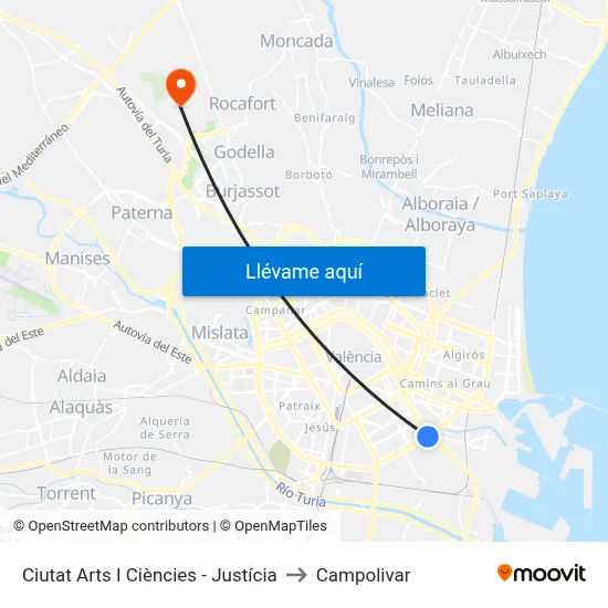 Ciutat Arts I Ciències - Justícia to Campolivar map